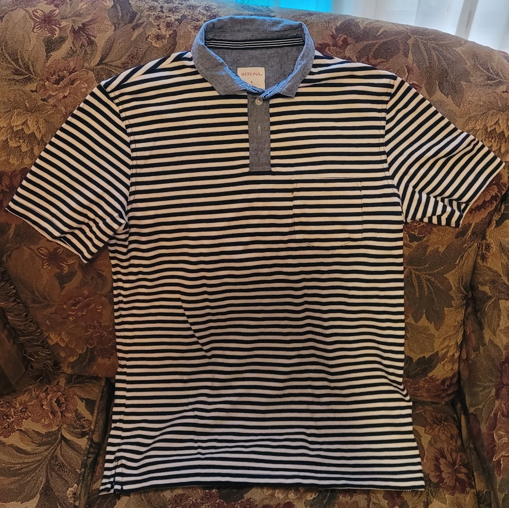 Merona Navy and White Striped Men's Polo Shirt